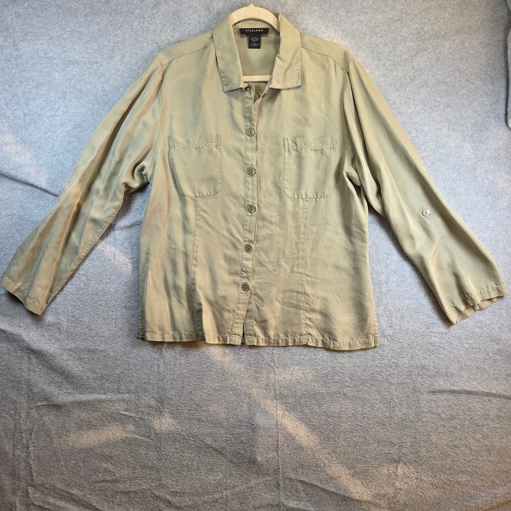 Silkland Button Down Shirt Womens Large Sage Green 100% Silk Roll Tab Utility